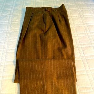 Brown pinstripe wide leg pants with cuff.